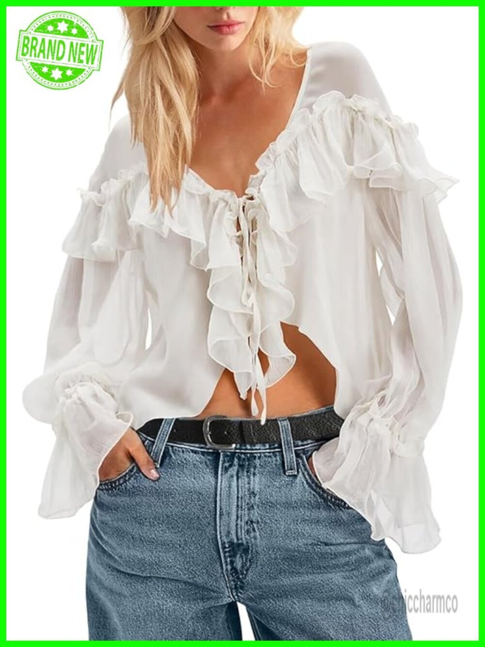 Boho Tie Front Top Long Sleeve Ruffle Blouse Flowy V-Neck Peasant Top Chiffon